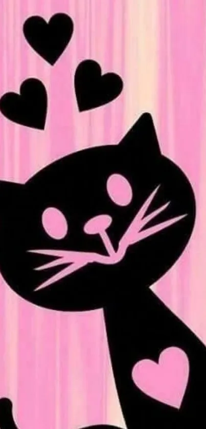 Cute black cat with hearts on pink background wallpaper.