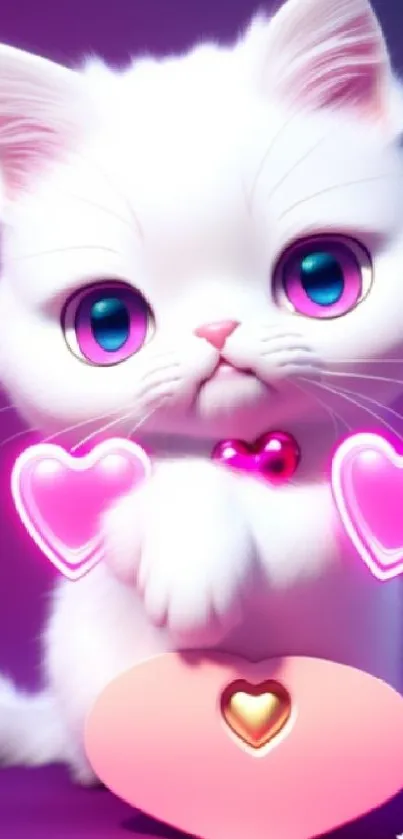 Cute white kitten with neon hearts on a purple background.