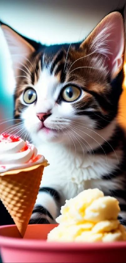 A cute kitten with ice cream cone in a colorful setting.