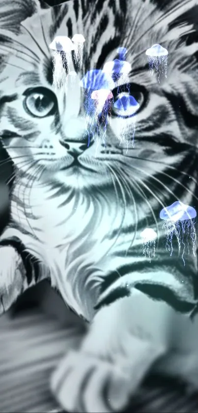 Digital artwork of a kitten with glowing jellyfish.