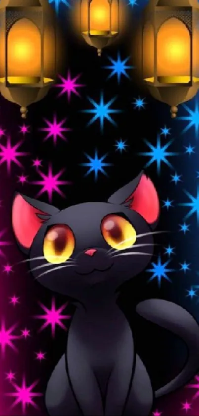 Adorable black cat with neon stars and glowing lanterns wallpaper.