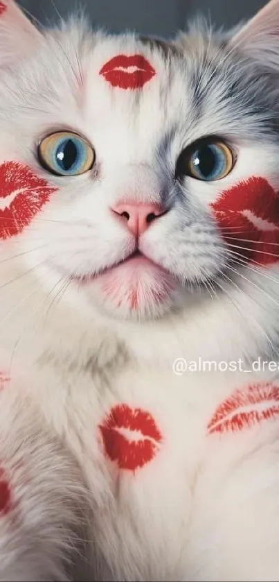 Fluffy cat with red lipstick marks on its face.