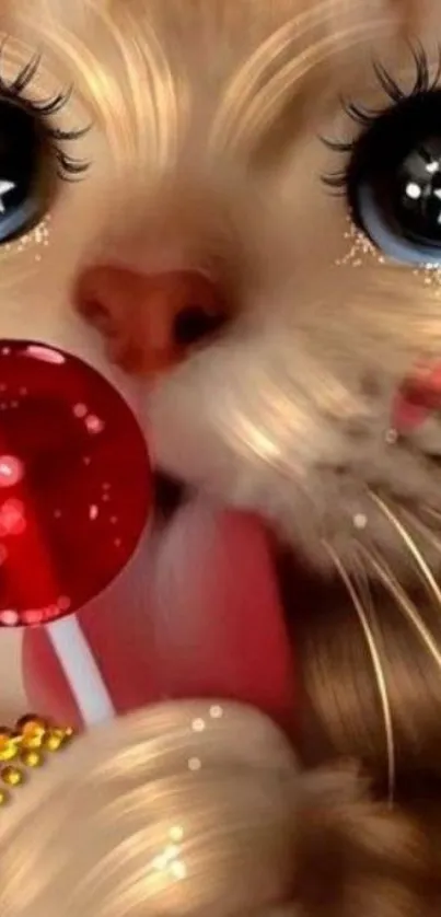 Cute cat holding a red lollipop mobile wallpaper.