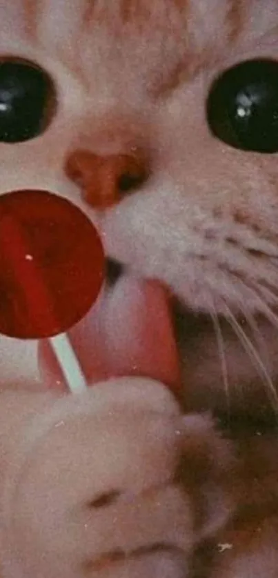 Cute cat licking lollipop in playful wallpaper.