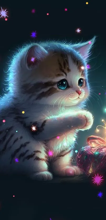 Cute fluffy kitten with glowing gift on dark background.