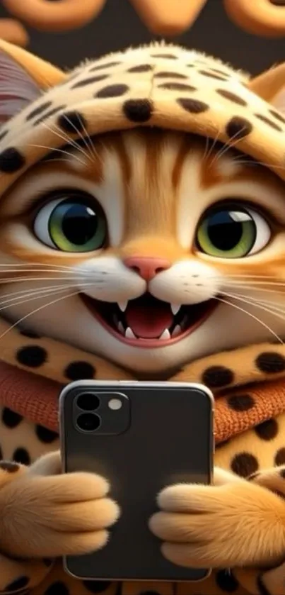 Cute orange tabby cat in spotted hoodie holding smartphone.