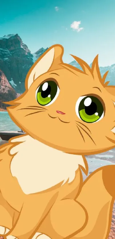 Cute cartoon cat with green eyes by a mountain lake.