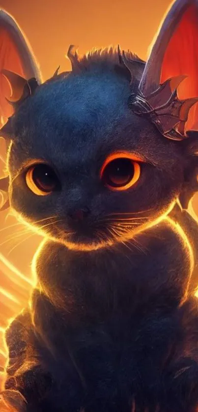 Fantasy cat with glowing wings mobile wallpaper.