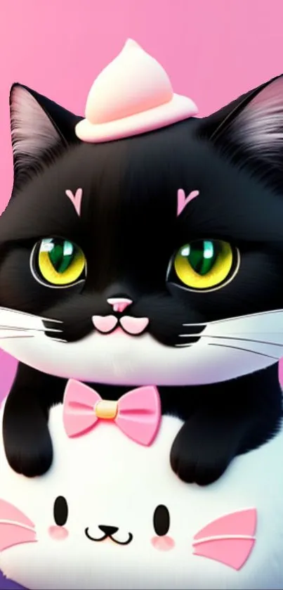 Adorable black cat with pink bow on pastel background.