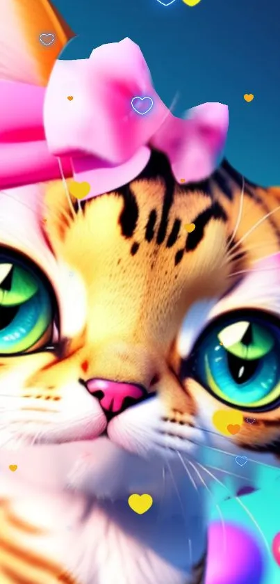 Cute cartoon cat with pink bow, vibrant colors.