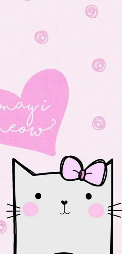 Cute cat with pink bow and heart saying "may i meow?" on pink background.