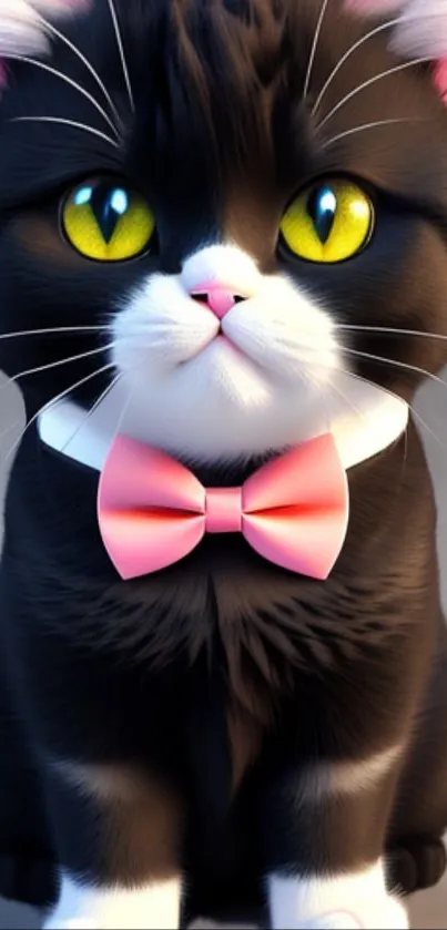 Black cat with yellow eyes and a pink bow tie mobile wallpaper.