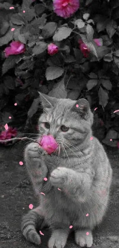 Adorable cat playing with a pink flower.