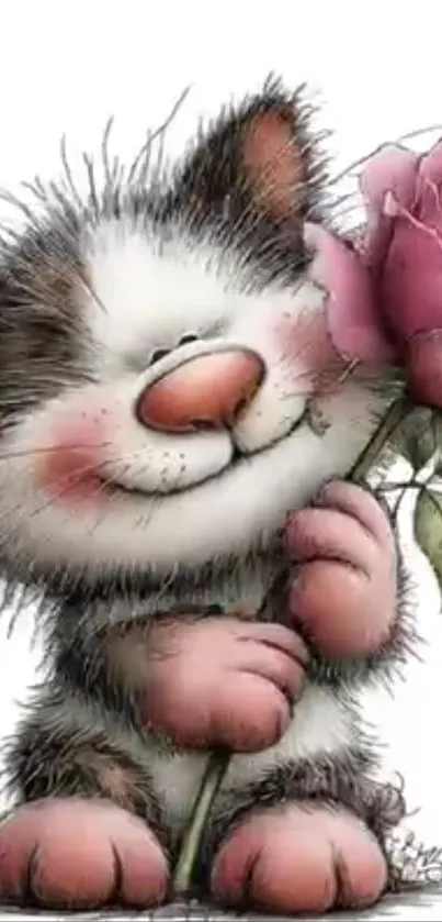 Cute cartoon cat holding a pink rose with a smile.