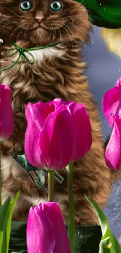 Cute brown kitten with pink tulips in vibrant nature setting.