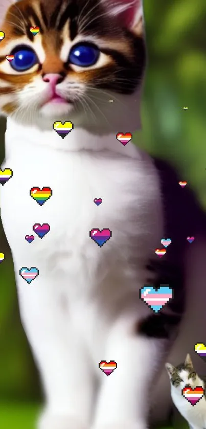 Adorable cat with colorful pixelated hearts on a green background.