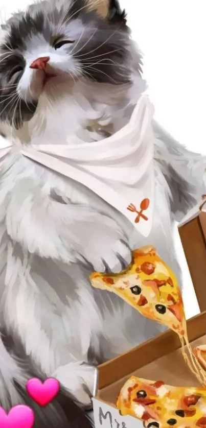 Fluffy cat enjoying pizza in cute digital artwork.