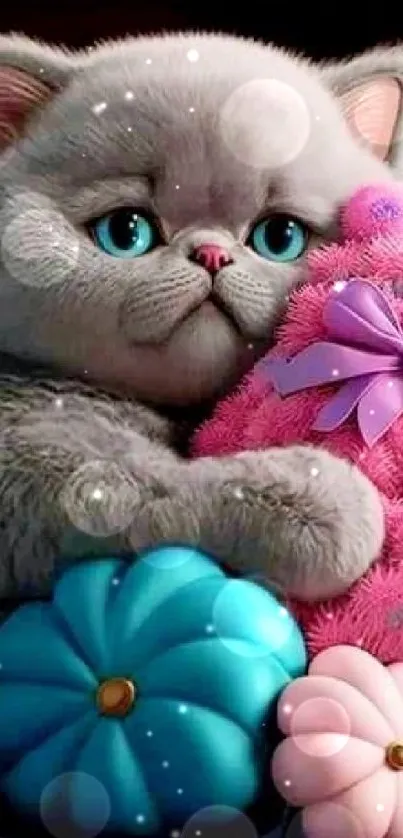 Cute fluffy cat cuddling a pink plush toy with pillows around.