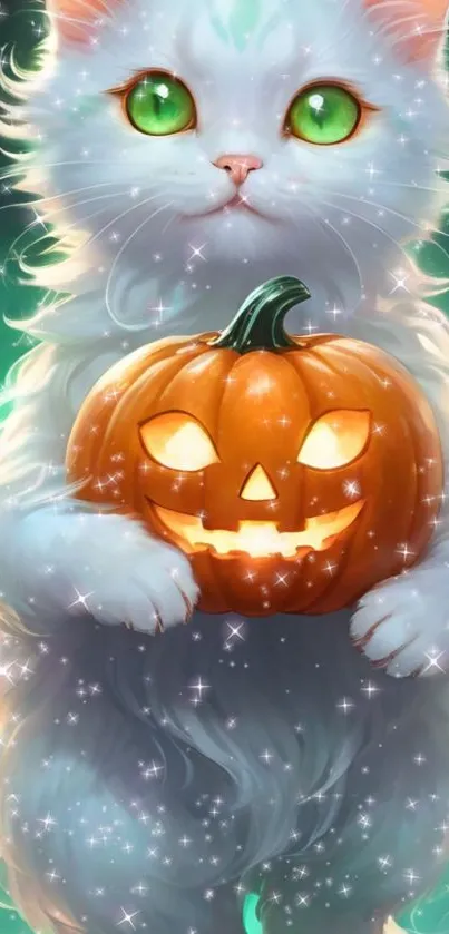 A cute cat holding a glowing Halloween pumpkin.