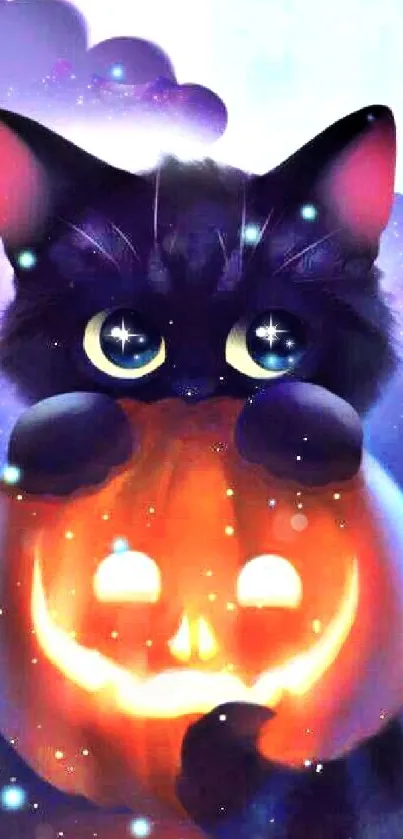 Cute black cat with glowing pumpkin in a starry background wallpaper.