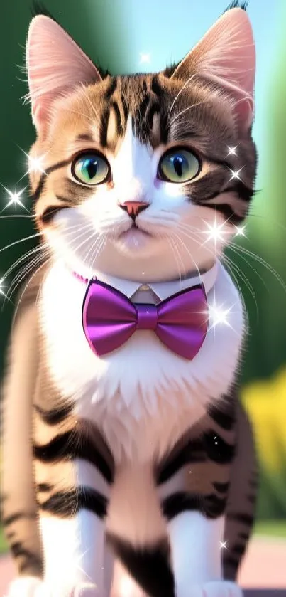 Cute cat with a purple bowtie sitting outdoors.