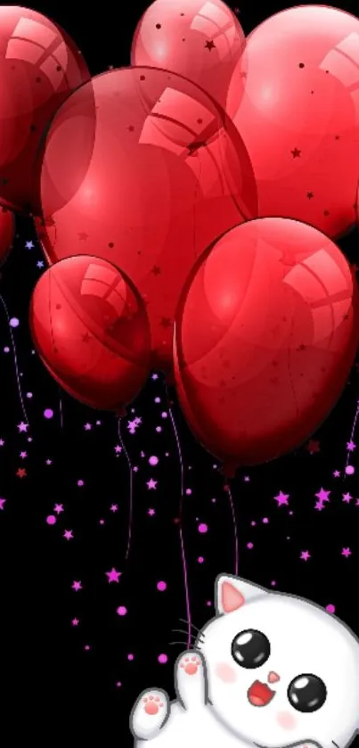 Adorable cartoon cat with red balloons.