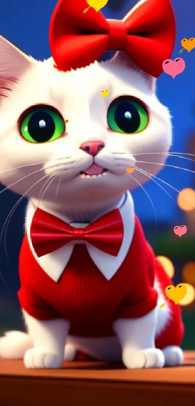 Animated white cat with red bow and sweater, green eyes.