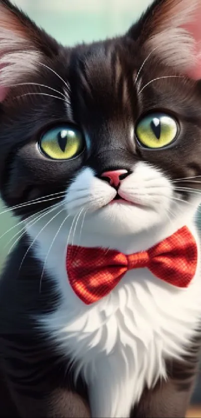 Cute black and white cat with red bowtie and green eyes in portrait.