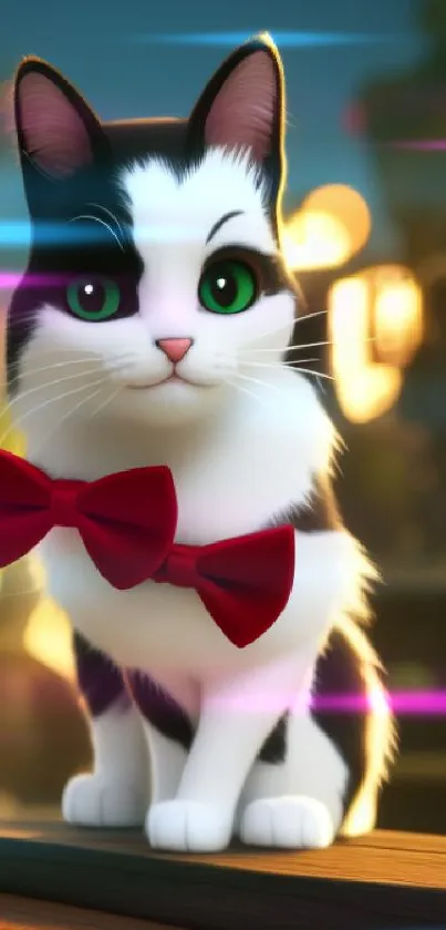 Adorable black and white cat with green eyes and a red bowtie.