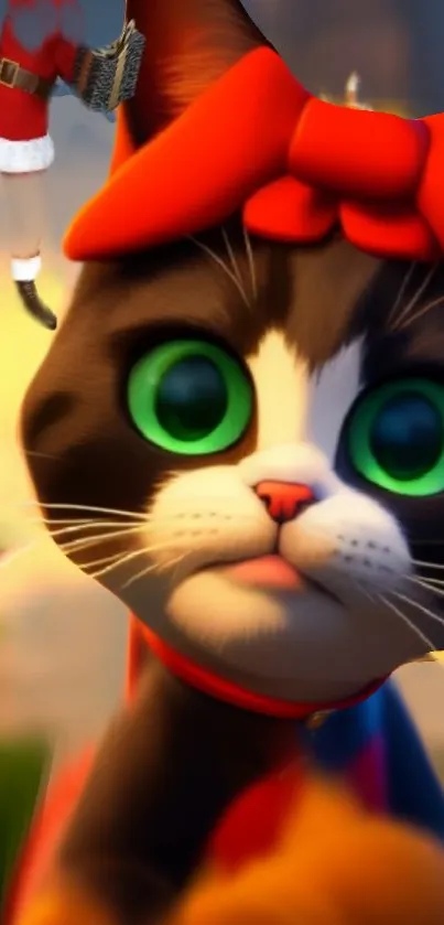 Cute cartoon cat with red ribbon and big green eyes in a colorful background.