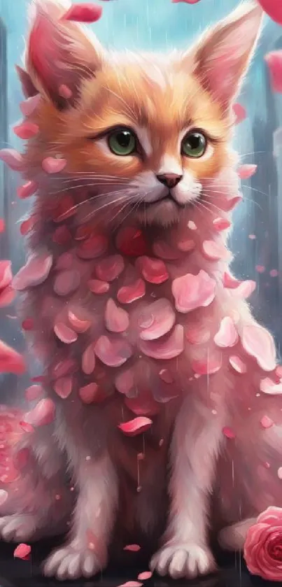 Cute cat covered in pink rose petals, in a rainy cityscape.