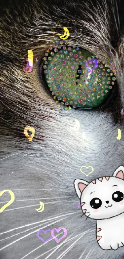 Cute cat face with sparkling green eye and cartoon illustration.