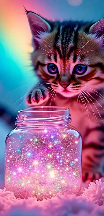 Adorable kitten touches glowing star-filled jar.
