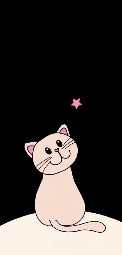 Adorable cartoon cat with a pink star on a black mobile wallpaper.