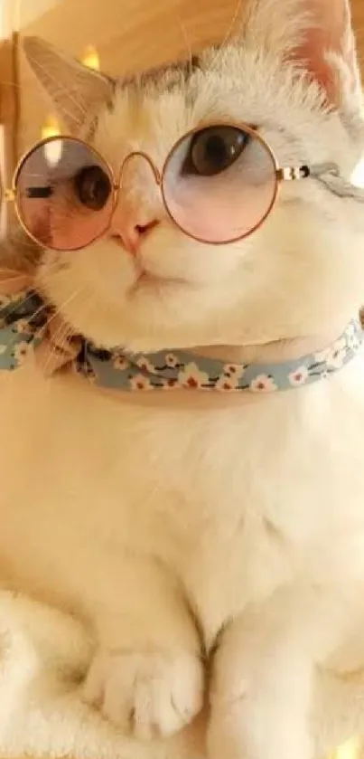 Adorable cat wearing sunglasses and a floral scarf.