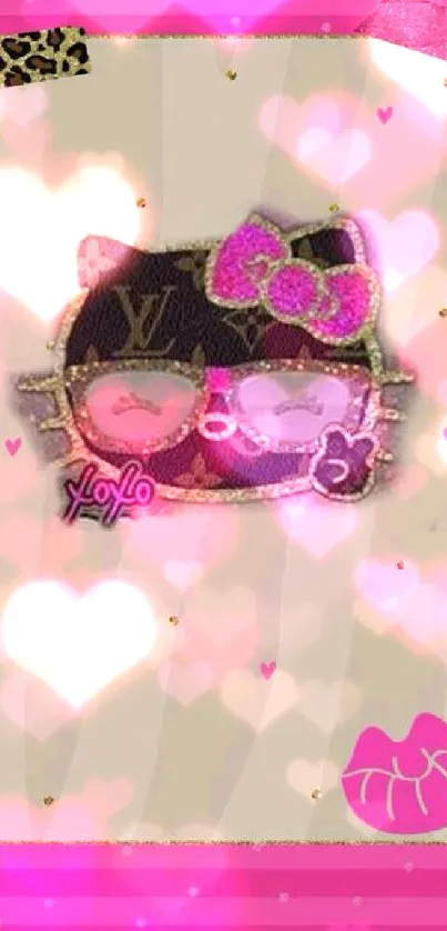 Cute cat with sunglasses and pink bow on pink patterned wallpaper.