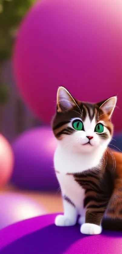 Cute cat with green eyes on a vibrant purple background.