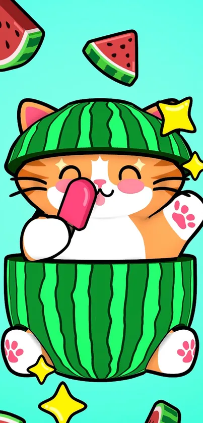 Cute cartoon cat with watermelon slices on bright background.