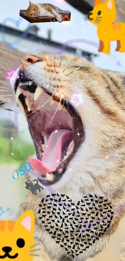 Cute cat yawning wallpaper with doodles and cartoon cats.