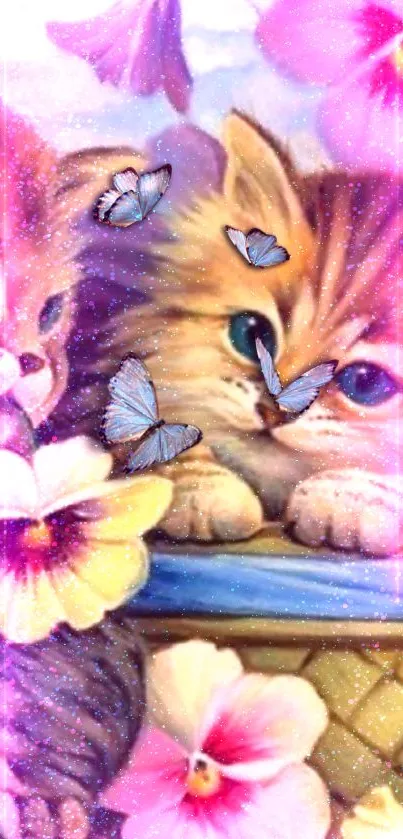 Cute kittens with butterflies among vibrant flowers.