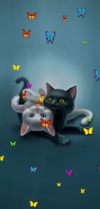 Two adorable cats with colorful butterflies on a blue background.