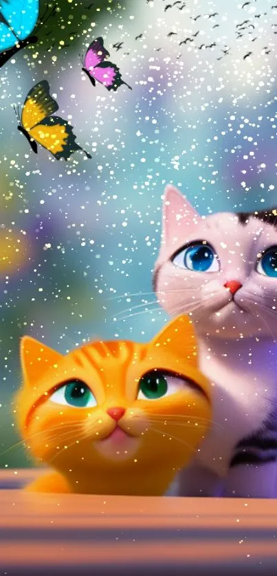 Two cute kittens with butterflies and stars in a colorful, animated scene.