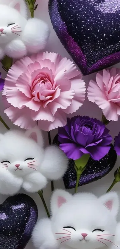 Adorable white cats with pink flowers and purple hearts wallpaper.