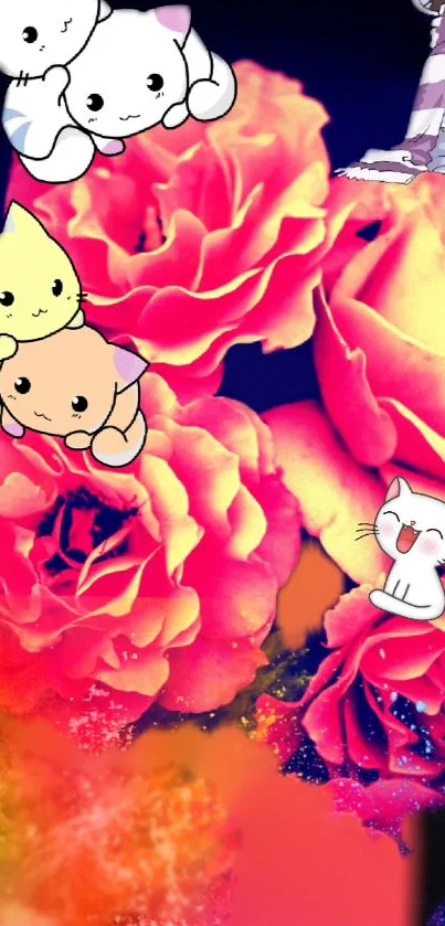 Cartoon cats with vibrant pink roses on a colorful background.