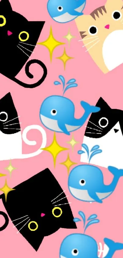 Cute cartoon cats and whales on a pink background wallpaper.