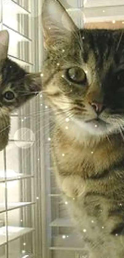 Two adorable cats looking curiously through white blinds by the window.