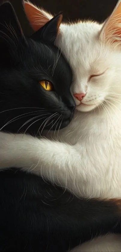 Sweet black and white cats hugging peacefully.