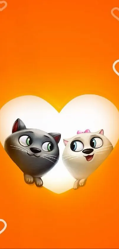 Two cartoon cats inside a white heart on an orange background with smaller hearts.