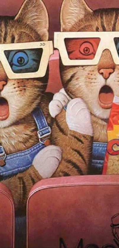 Two cute cats wearing 3D glasses with popcorn in cartoon style.