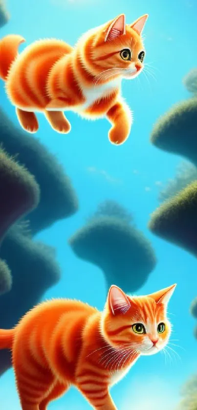 Two playful orange cats in a dreamy blue fantasy landscape.